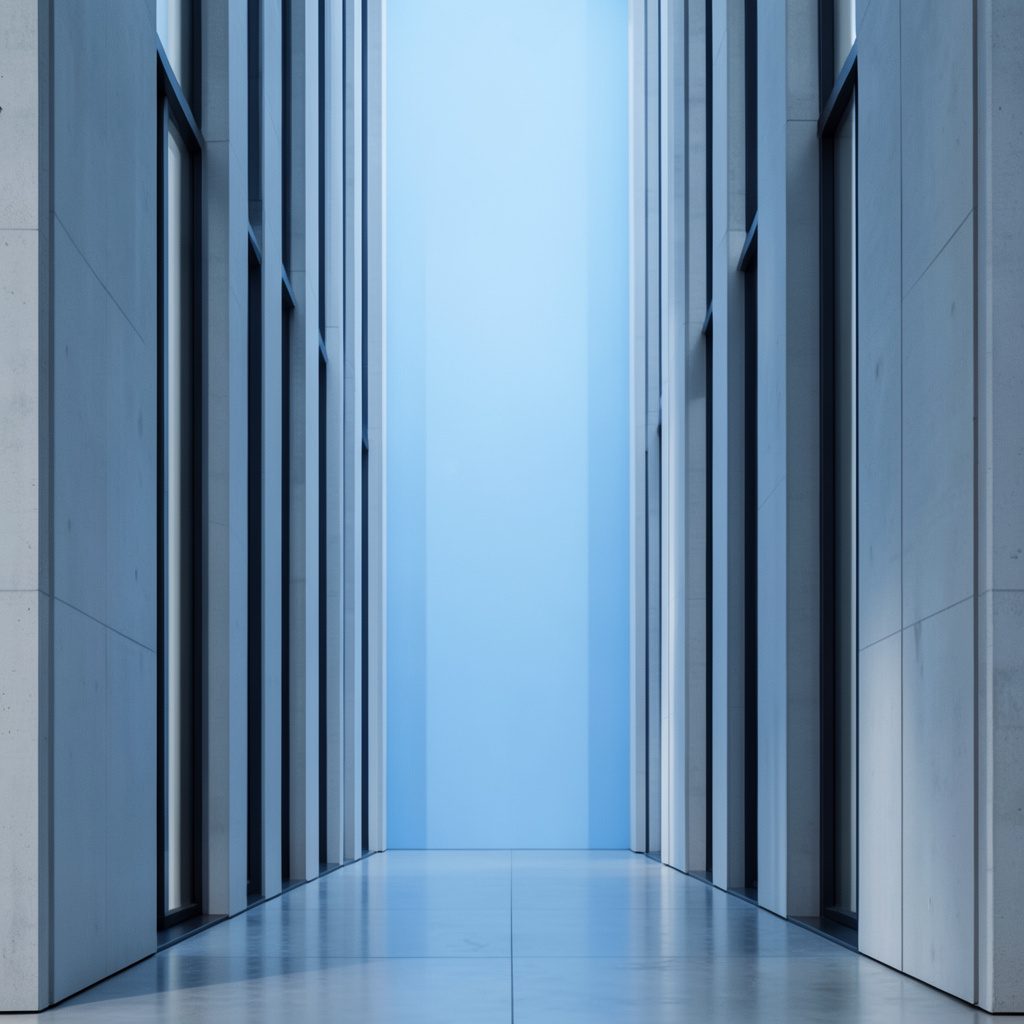 A calm, symmetrical banner image in soft blue and cream tones showing a peaceful mission-style building facade with a welcoming, quiet atmosphere
